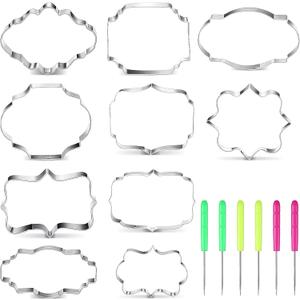 10 Pieces Plaque Frame Cookie Cutter Stainless Steel Biscuit Cutter Fondant Cake Decorating Tools and 6 Pieces Sugar Stirring Pins for Kitchen Baking