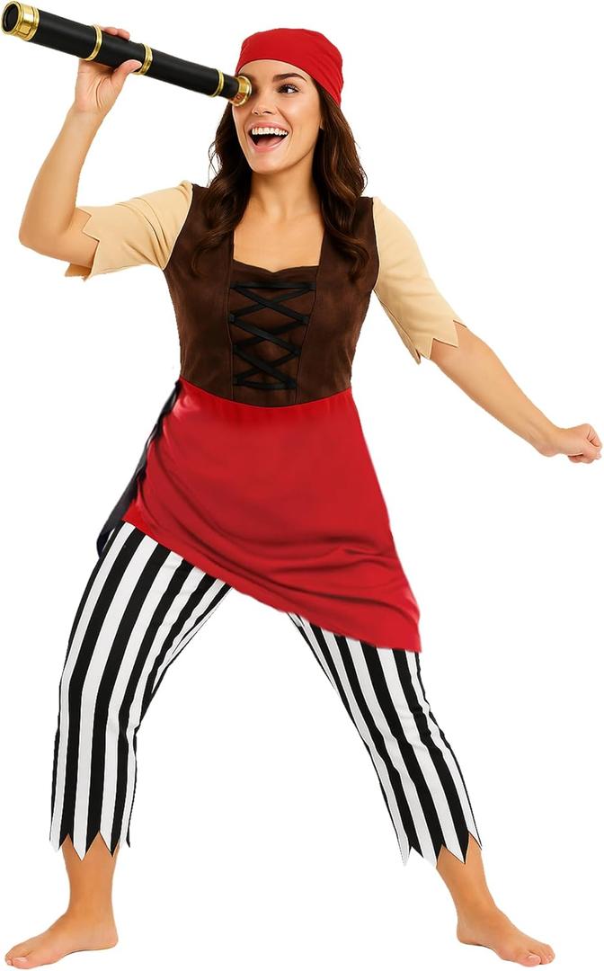 fun shack Women's Pirate Costume, First Mate Adult Halloween Outfit, Classic Pirate Dress for Parties and Events (Large)