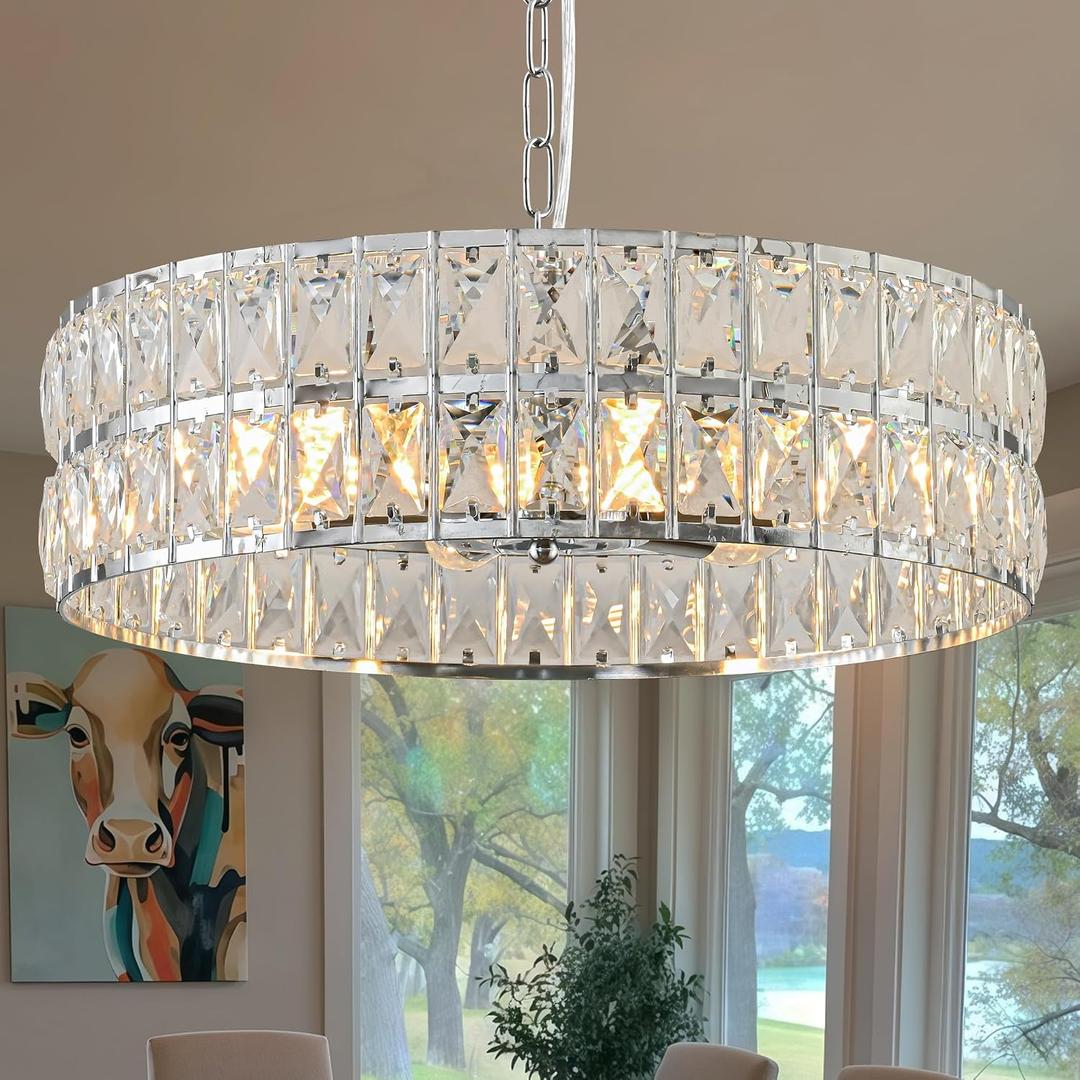 Crystal Chandelier for Dining Room,17.7'' LED Luxury Modern glass Mount Chandelier Fixtures, Round Kitchen Hanging Drum Pendant Lights Ceiling for Living Room Bedroom Foyer, with 7pc*5W Bulbs (Chrome)