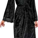 Womens Robes Sexy V Neck Long Sleeve Nightgown Loose Fit Lace-Trim Solid Color Warm Maxi Tie Winter Loungewear (Large)