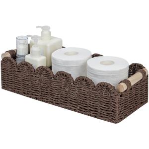 CubesLand Paper Rope Scalloped Edge Shelves Storage Basket, Woven Toilet Paper Baskets for Over Toilet Storage Shelf, Ending Table, Floating Shelves Organizing or Home Dcor, with Wood Handle, Brown