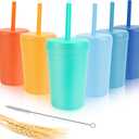 10 oz Wheat Straw Cups with Lids and Silicone Straws, Unbreakable Drinking Glasses, Plastic Cups for Kitchen, Small Tumbler Cups with Cleaning Brush, BPA Free, Dishwasher & Microwave Safe, 6 Pack