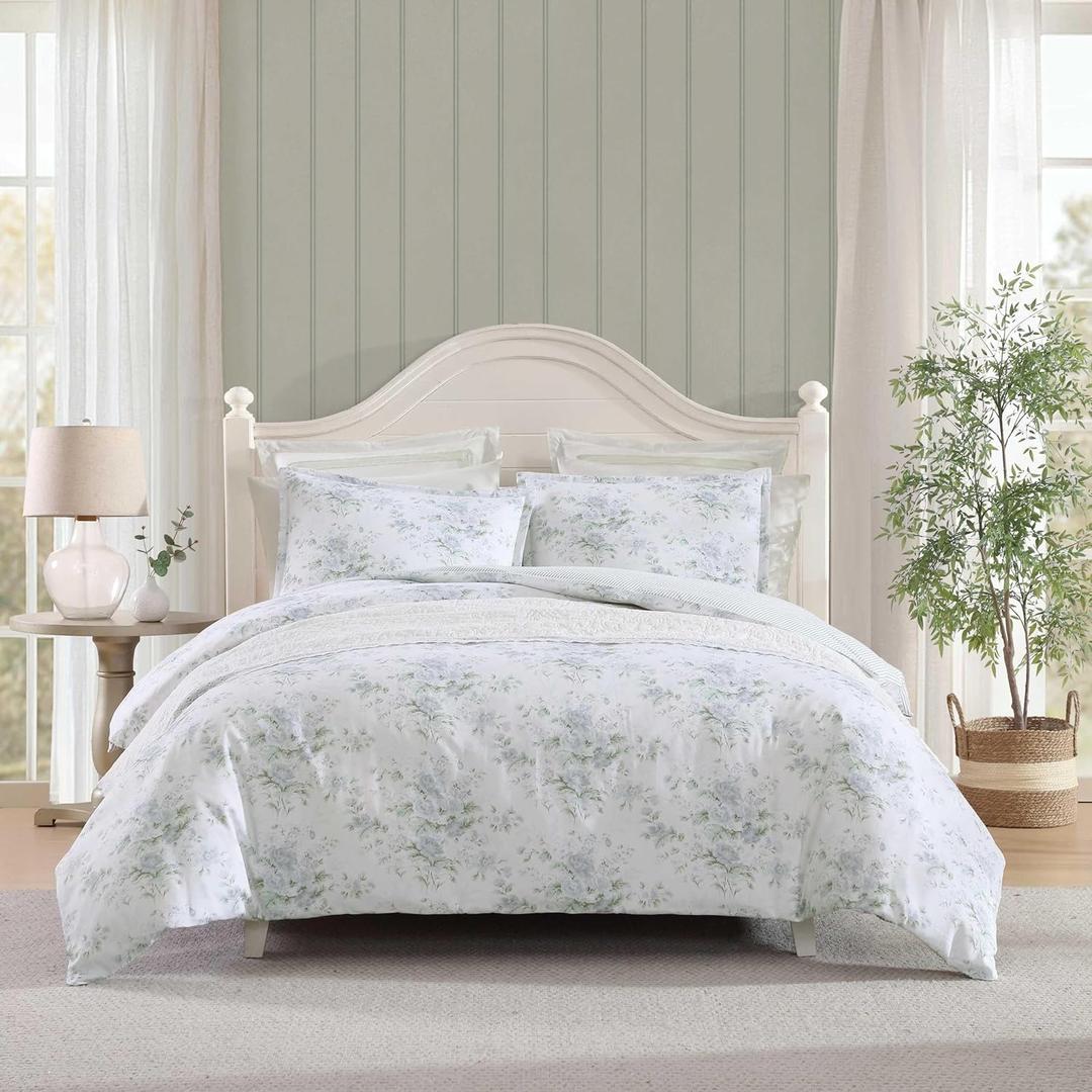Laura Ashley - Duvet Cover Set, Super Soft Bedding with Matching Shams, Serene Watercolor Floral Design, Elegant and Feminine Aesthetic (Arundel Grey, King)