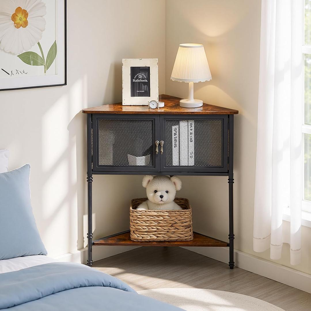 VECELO 3 Tier Corner Cabinet,Corner Table Shelf with Storage Cabinet,Industrial Metal Frame and Wood Shelves Organizer for Small Spaces in Living Room/Bedroom/Kitchen (Brown)