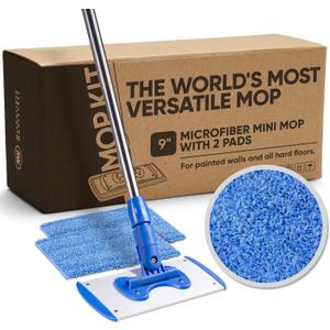 9" Flexible Mini Microfiber Mop System | Adjustable Stainless Steel Handle | 2 Reusable Microfiber Mop Pads | Machine Washable | Wet Mop for Hardwood, Laminate, Concrete, Tile, Stone, Vinyl Floors
