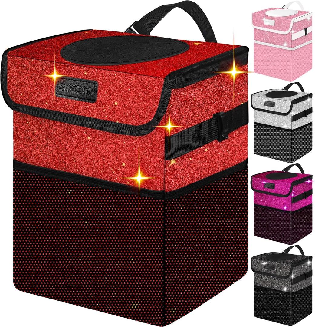 Car Trash Can, Cute Mini Trash Bag With Lid, Glitter Garbage Bin Hanging for Back/Front Seat/Console, Waterproof, Leakproof, 2.5 Gallon, Red Bling Sparkly