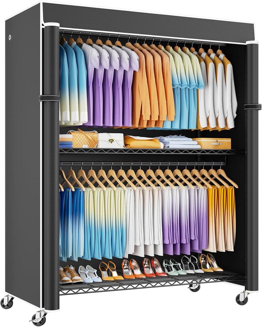 ULIFHOME P8C Max Heavy Duty Clothes RackWith Extended Width Design Rolling Clothing Racks for Hanging Clothes with Lockable Wheels51.2"W x 15.8"D x 80.5"HLoad 700LBSBlack Rack with Black Cover