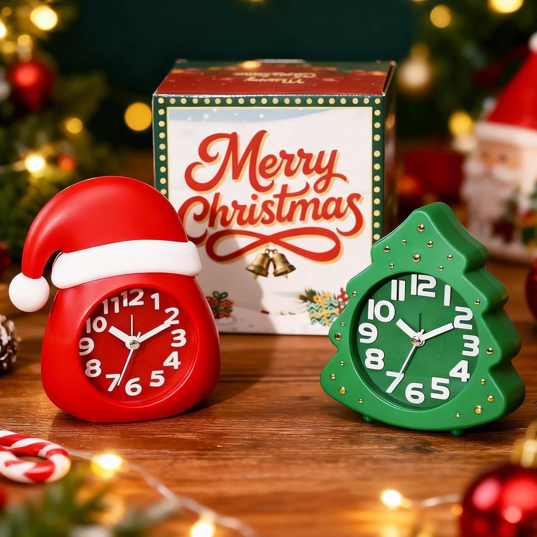 AYRELY Christmas Alarm Clock Gift Set  2 Silent Analog Clocks (Santa Hat & Christmas Tree), Ready-to-Gift Holiday Edition for Kids & Family, with Festive Gift Box (Green-red)