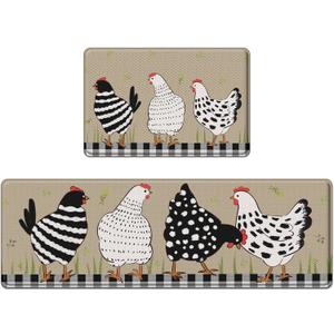 Anti-Fatigue Rooster Kitchen Rug Set of 2 Cushioned Chicken Rugs for Kitchen Floor, Country Farmhouse Standing Mat Waterproof Non-Slip Kitchen Mats and Rugs PVC Ergonomic Comfort Foam Kitchen Decor (17.3 x 59 in + 17.3 x 29 in)