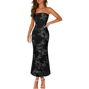 MEROKEETY Women's Floral Strapless Maxi Dress 2026 Summer Mesh Tube Bodycon Formal Wedding Guest Cocktail Party Long Dresses (Black, L)