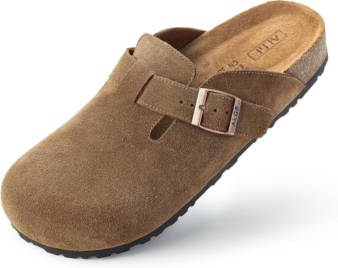 Womens Genuine Suede Clogs for Women Slip-On Buckle Slides Women's Mules & Clogs Natural Rubber Cork Footbed Sandals Potato Shoes with Arch Support (7, Coffee 2)