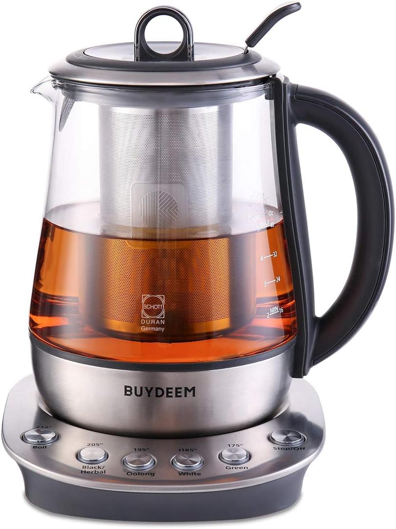 BUYDEEM K2423 Tea Maker, 316 Stainless Steel & Heat Resistant DURAN Glass Electric Kettle, Removable Infuser, Auto Keep Warm, 1.2L (1.3 Quarts)