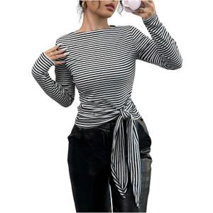 Women's Striped Knot Front T Shirt Long Sleeve Boat Neck Tee Tops Slim Fit Elegant Top