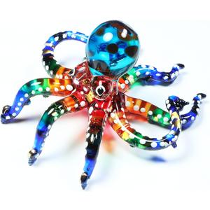 WitnyStore Tiny 3" White Dotted Multicolor Octopus Figurine - Miniature Hand Blown Glass Octopuses Squid Cuttlefish Marine Mollusks Colorful Crystal Animal Decorative Collectible Figures Dcor Gifts