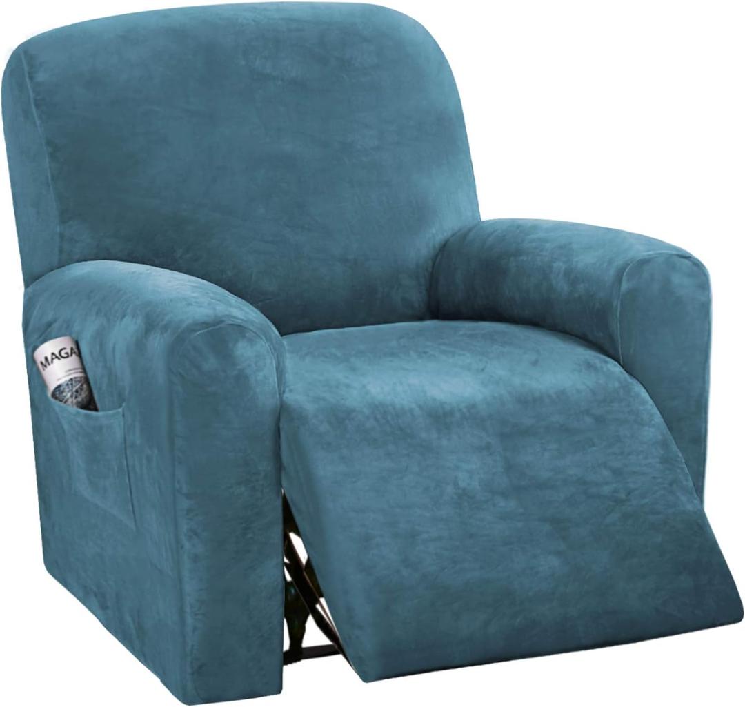 H.VERSAILTEX Velvet Stretch Recliner Couch Covers 4-Pieces Style Recliner Chair Covers Recliner Cover for Reclining Chair Slipcovers Feature Non Slip Form Fitted Thick Soft Washable, Peacock Blue