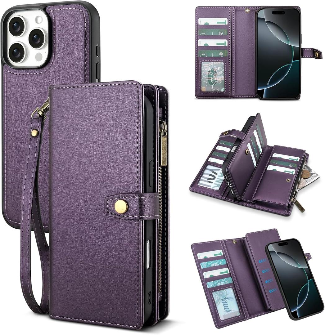 TwoHead Wallet Case Compatible with iPhone 16 Pro,Detachable Magnetic Phone Case,PU Leather All-Round Protective Cover Wallet with Card Holder/Change Pocket,6.3 in,Deep Purple