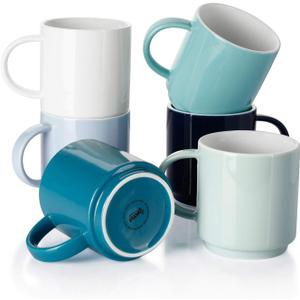 Sweese Stackable Coffee Mugs - 10 Oz Porcelain Cups for Specialty Coffee Drinks, Cappuccino, Cafe Mocha, Latte and tea, Set of 6, Cool Assorted Colors (Multicolor)