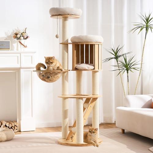Cat Tree Modern Cat Tower for Large Cat with Scratching Post for Indoor, Solid Wood Multifunctional Cat Tower with Condo, Bed, Ladder, Space Capsule, Dangling Ball