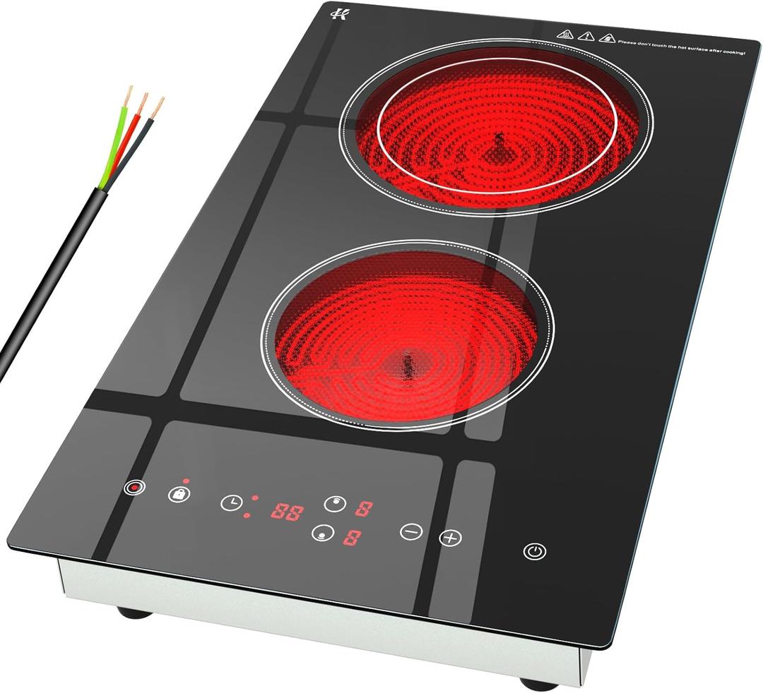 Electric Cooktop 2 Burner, 3200W Radiant Electric Stove Top 240V with Built-in Design, 12 inch Touch Control Ceramic Cooktop with Safety Lock, 9 Level Power, Timer - Hard Wire