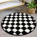 Checkered Round Bathroom Rugs, Machine Washable Black and White 2ft Bath Rug for Bathroom Non Slip Water Absorbent Bath Mat, Small Soft Plush Retro Circle Bathroom Mat for Tub Shower Entryway