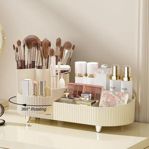 Makeup Organizer Countertop Rotating Makeup Organizer for Vanity Large Capacity Cosmetic Display Case with Makeup Brush Holder Cosmetic Organizer CountertopCream (1 Tier)