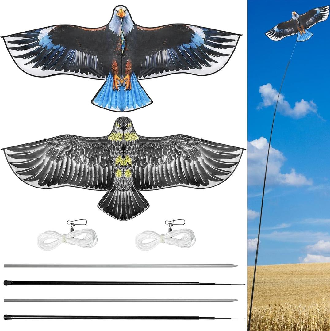 Qualirey 2 Sets Bird Scaring Eagle Flying Kite Bird Scarer Flying Kite Crops Farm Protector Simulated Eagle Scare Device with 12.63 ft Pole for Outdoor Home Yard (Beige Gray,White)