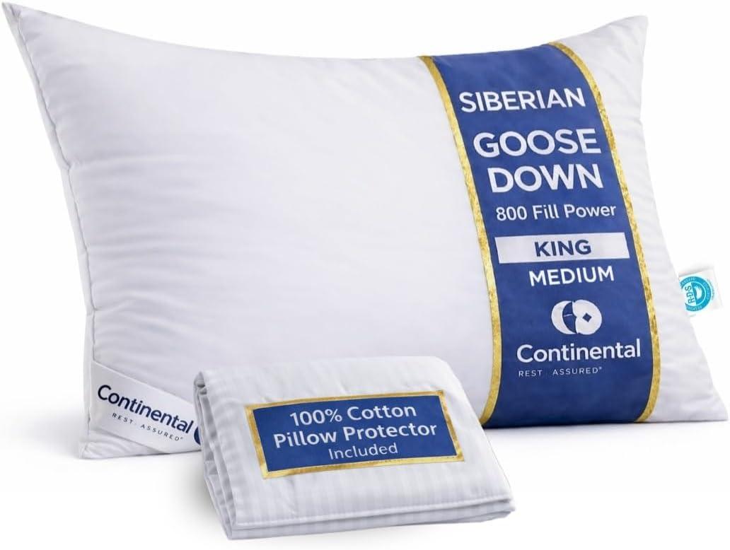 Continental Bedding Siberian Goose Down Pillow 800 Fill Power White Goose Down 400 Thread Count 100% Cotton Shell Soft Medium Firm Loft Options Handcrafted in USA, King with Protector