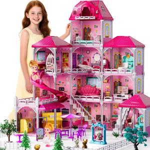 Villa Playset for Girls Ages 3-7, 4-Story 12 Room House with 2 Dolls, Furniture and Accessories, Indoor Playset Girls Toys for Ages 6-8, Pretend Toddler Toy, Birthday Gifts for Kids 4-8