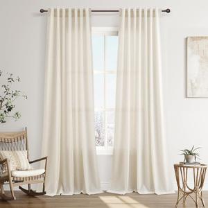 Joywell Natural Linen Curtains 112 Inches Long for Living Room 2 Panels Boho Privacy Cream Light Filtering Semi Sheer Curtain for Bedroom Farmhouse Neutral Drapes Window with Back Tab 52x112 Inch