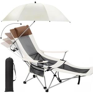 Lineshading 2 in 1 Beach Chair with Umbrella, Folding Camping Reclining Chair with Sunshade Headrest Footrest, 4 Position Adjustable Mesh Lounger Portable for Summer Tailgates Camp Fishing (White)