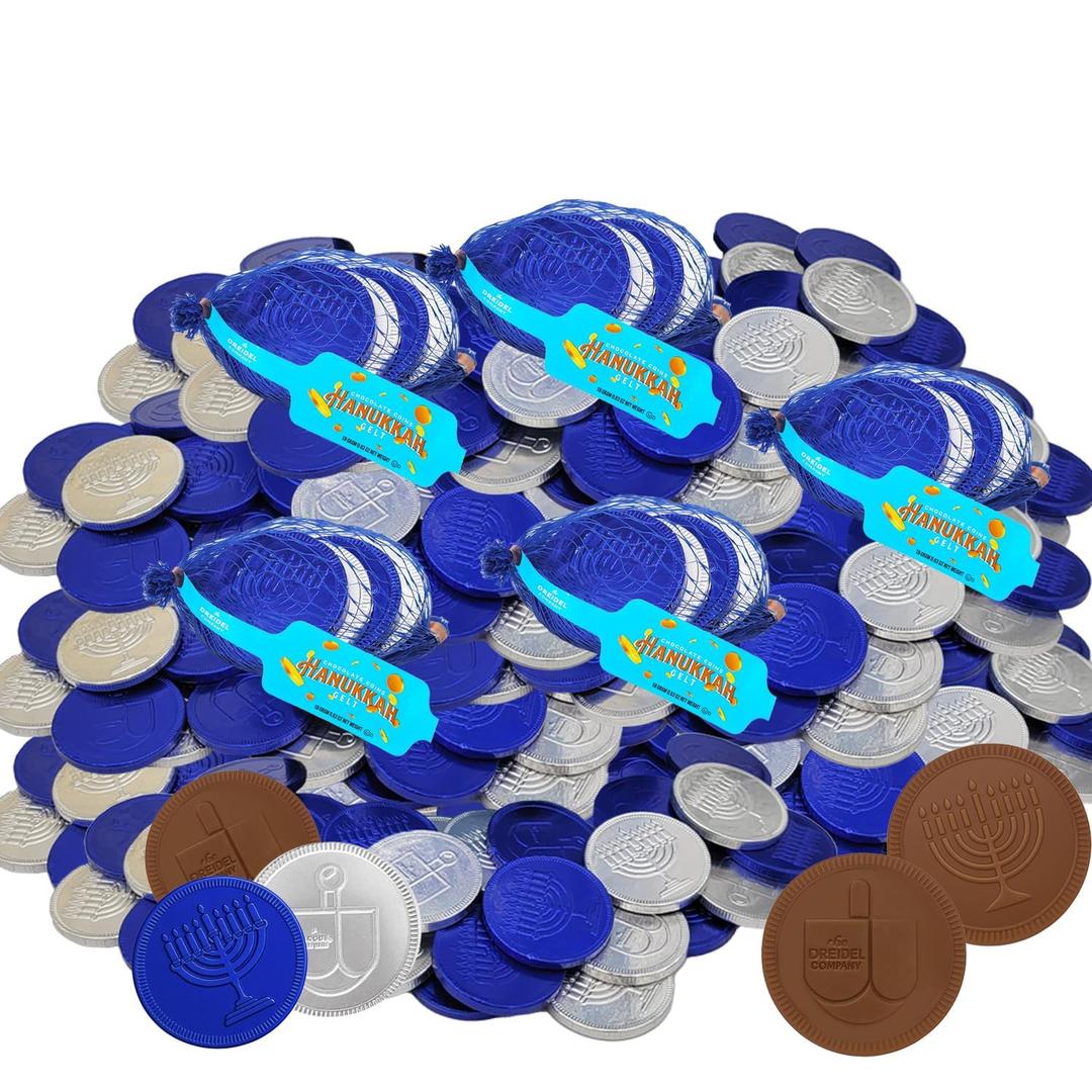 2 x The Dreidel Company Blue & Silver Hanukkah 24-Pack Mesh Bags Milk Chocolate Coins, Hanukkah Menorah & Dreidel Design Gelt, Non GMO, Kosher Certified OU-D 4 Coins Per Bag (BBD 11/02/27)