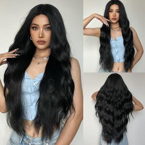 MAGQOO Black Wig Women Long Curly Wavy Black Wigs Middle Part Heat Resistant Hight Density Synthetic Wigs (Black)