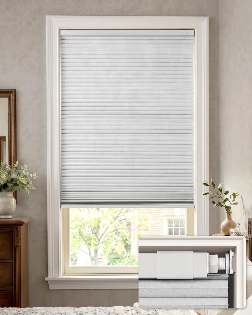 LazBlinds No Drill Blackout Cellular Shades, 35" W x 48" H, White | No Tools Cordless Honeycomb Blinds Thermal Insulated, Noise Reducing Window Blinds for Home, Easy Install