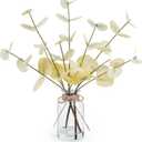Artificial Eucalyptus Stems in Glass Vase with Faux Water, 14" Fake Plants for Home Decor, Coffee Table Centerpieces, Office, Bathroom & Farmhouse Weddings - Faux Plants Decorations (Beige)