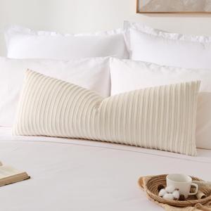 Kevin Textile 14x36 Inch Long Lumbar 1 Pack Plush Striped Corduroy Throw Pillow Cover Velvet Accent Decorative Long Body Rectangle Cushion Case for Living Room Couch Sofa Bed, Cream White