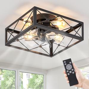 LEDIARY Caged Flush Mount Ceiling Fans with Lights and Remote, Black Square Low Profile Ceiling Fan, Small Farmhouse Bladeless Ceiling Fan for Bedroom, Kitchen, Indoor (16 Inch)