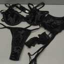Women's Sexy Lingeries Exotic Set Contrast Floral Lace Garter Lingerie Sets 4 Piece (Black,S)