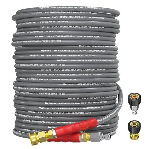 Heliwoo Pressure Washer Hose 100ft 4200PSI with 3/8 Quick Connect, 1/4 Commercial Grade Steel Wire Braided Kink Resistant Power Washer Extension Hose, Flexible Replacement Hose Adapter Set