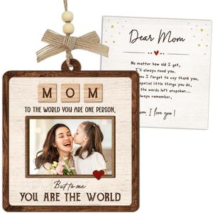 2 x Happy Birthday Mom Gifts - Mothers Day Present from Son, Daughter, Husband, Picture Frame Ornament, Wooden Car Hanging Photo Frames Holder - to The World You are a Mom Gift for Mama