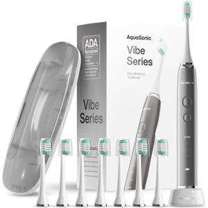 Aquasonic Vibe Series Ultra-Whitening Toothbrush  ADA Accepted Electric Toothbrush - 8 Brush Heads & Travel Case  40,000 VPM Motor & Wireless Charging - 4 Modes w Smart Timer  Charcoal Metallic