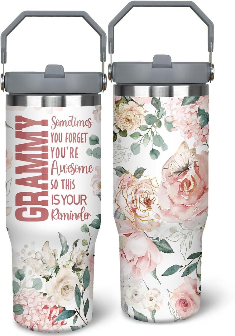 30oz Grandma Tumbler with Handle and Straw, Stainless Steel Insulated Nana Cup with Top Handle and Lid, Grandma Coofee Mug Christmas Birthday Gifts for Grammy/Gigi/Mimi