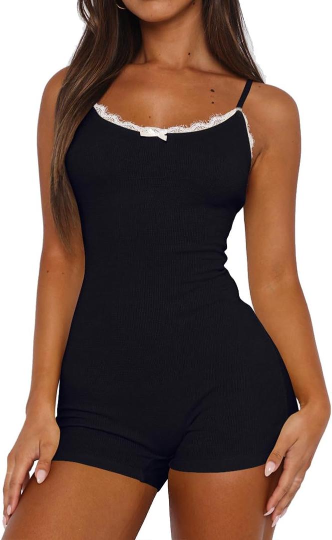 Lacozy Soft Pajamas for Women Summer Sleep Romper U Neck Sleeveless Lace Romper Sexy Pjs Cute Loungewear Sleepwear (Black, M)
