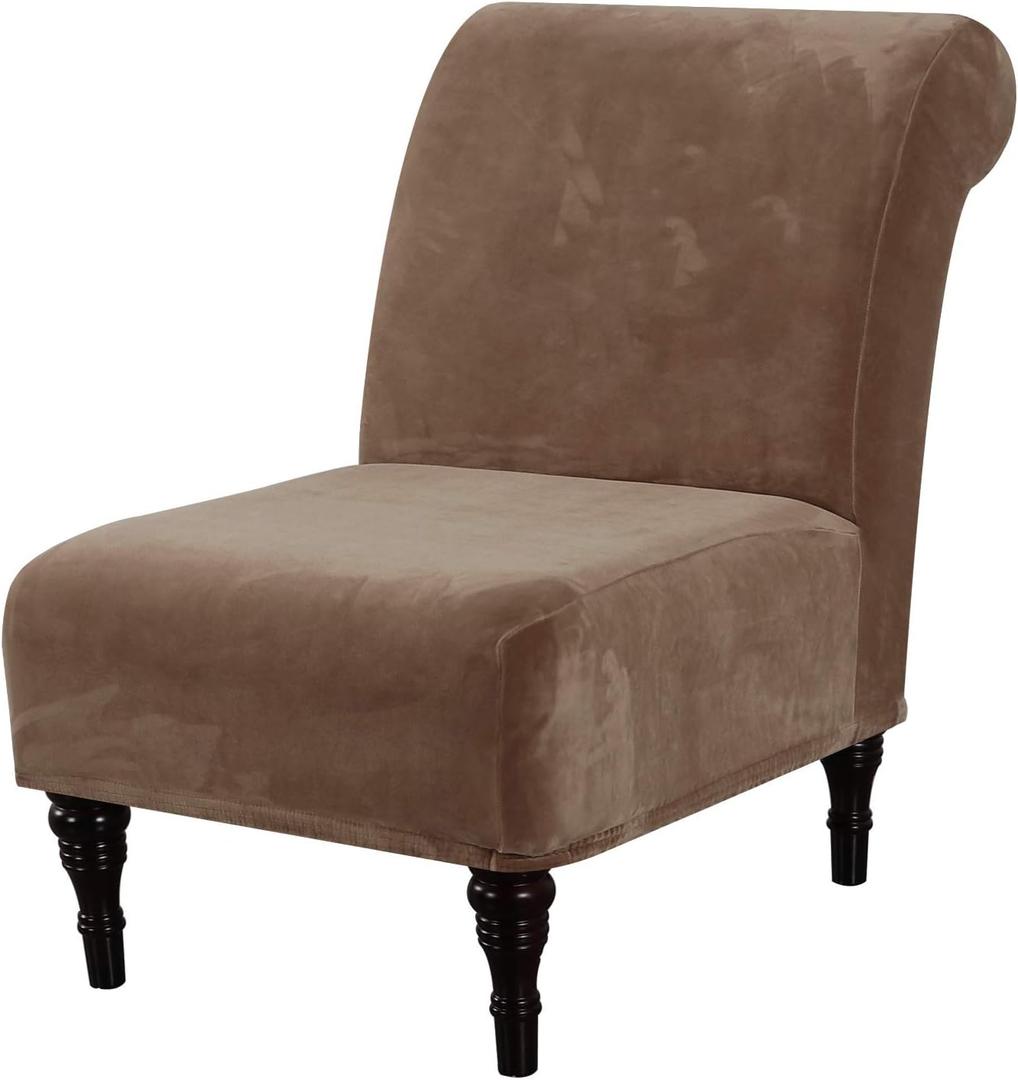H.VERSAILTEX Armless Accent Chair Covers Thick Velvet Armless Chair Slipcovers High Stretch Chair Covers for Living Room Hotel Machine Washable Furniture Protector with Elastic Bottom, Camel