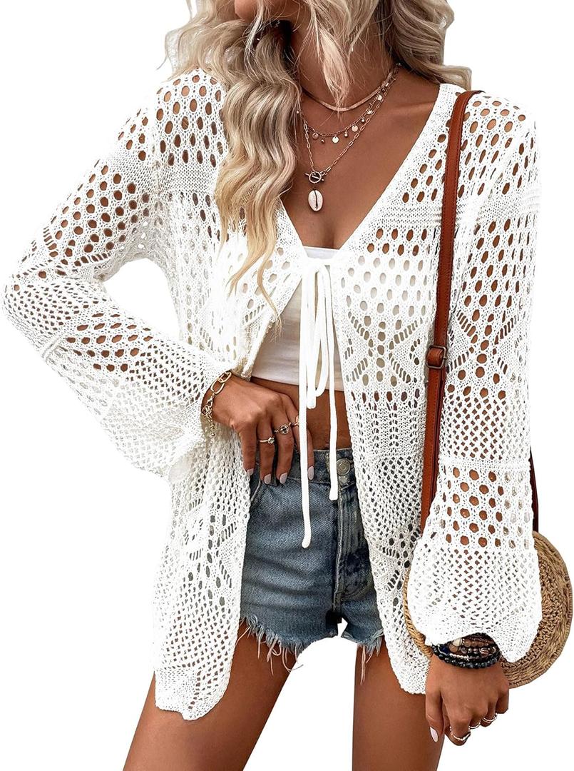 Women Crochet Cardigan Lightweight Tie Front Hollow Out Long Sleeves Summer Knit Cover Cardigans, XL