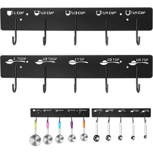 2 Pack Measuring Cups and Spoons Hanging Rack, Black Hanging Cups and Spoons Rack, Space Saving Kitchen Utensil Holder, Including Screw and Adhesive Mounting