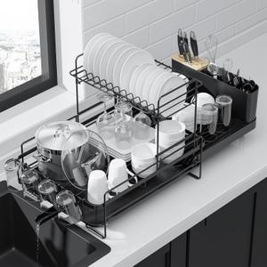 Kitsure Large Dish Drying Rack - Extendable Dish Rack, Multifunctional Dish Rack for Kitchen Counter, Anti-Rust Dish Drainers with Cutlery & Cup Holders 19.2"-26.7" L x 12.9" W x 13.6" H, Black