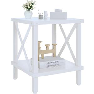 Large End Table Farmhouse Side Table Industrial Style Sofa Table Metal X Wood Accent End Table NightStand with Storage Shelf for Living Room Bedroom White MLBZ16W