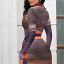 Sexy Long Sleeve Mini Dress for Women Sheer Mesh Printed Crew Neck Bodycon Party Clubwear See Through Dresses (Brown, M)