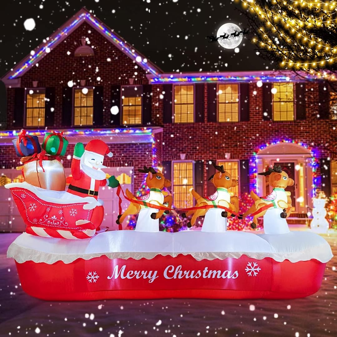 COOLWUFAN 10 FT Christmas Inflatables Outdoor Decorations Santa Claus on Sleigh, Blow Up Cute Elks Pulling Santa's Inflatable Yard Decoration with Lights for Christmas Party, Outdoor, Garden Lawn