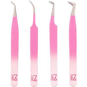 M LASH Tweezers for Eyelash Extensions (Set of 4) - Professional Lash Extension Tweezers - Fiber Tip, Japanese Steel, Diamond Grip Eyelash Extension Tweezer set (Ombre)